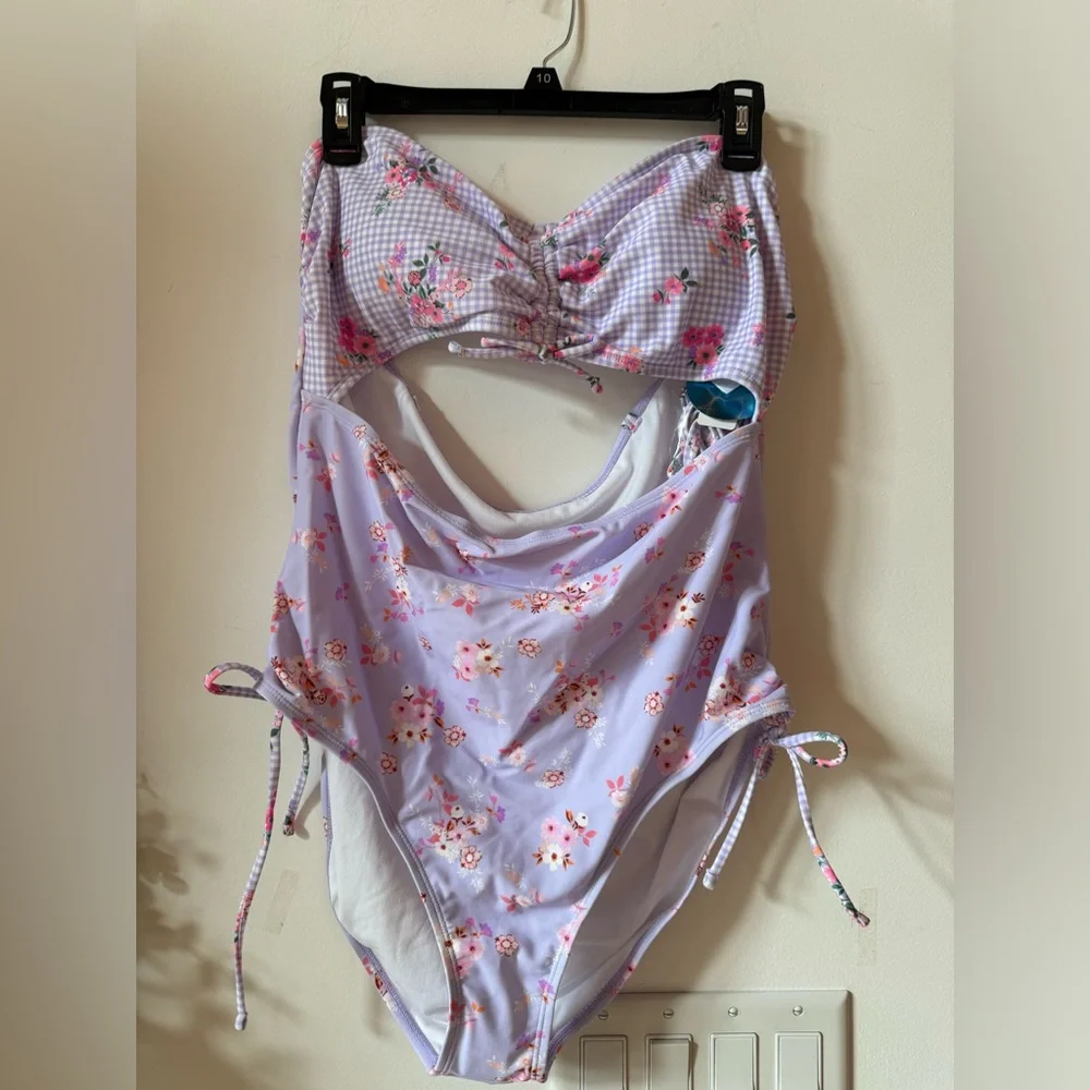 NWT Decree Womens Textured Soft Purple Floral Monokini One Piece Swimsuit XL - Picture 2 of 8